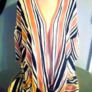 Very J Pink and Navy Asymmetrical 3/4 Sleeve Open Front Blouse